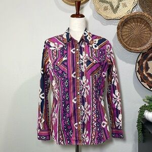 Wrangler Retro Snap Up Cowgirl Floral Abstract Striped Long Sleeve Shirt Size L